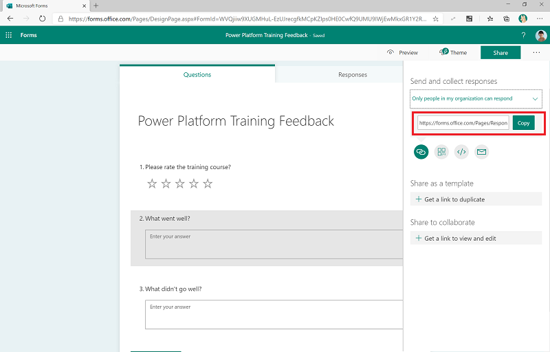 Screenshot that shows the ___location of the URL you can copy from the Share and collect responses pane.