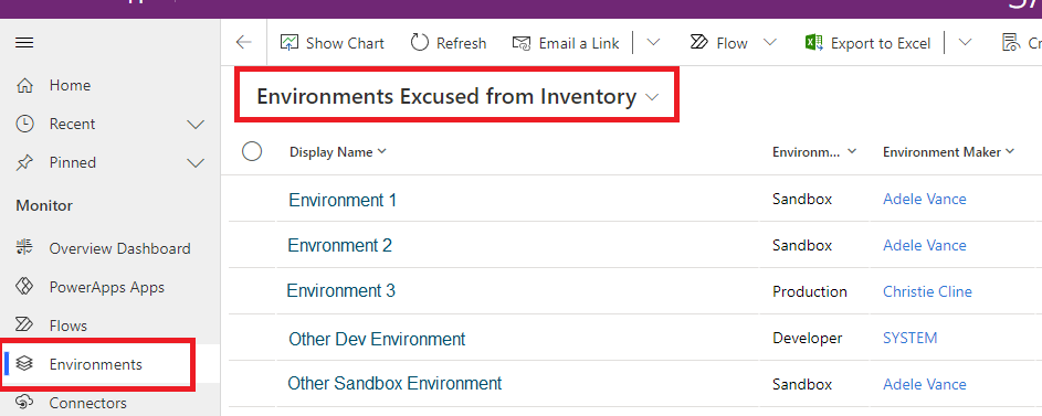 Screenshot that shows the ___location of the Environment Excused from Inventory page from the Environments menu.