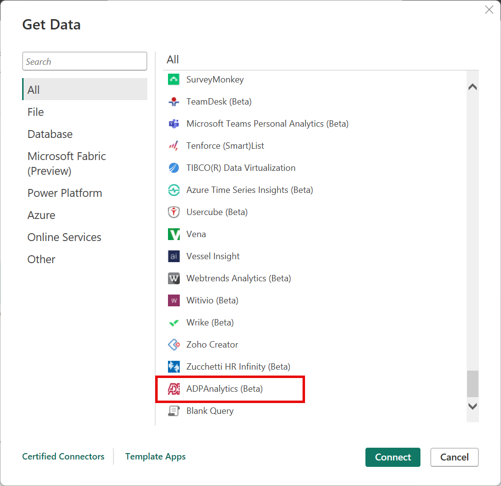 Screenshot of the Get Data dialog with ADP Analytics emphasized.