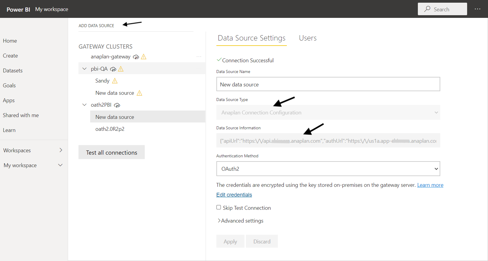 The Microsoft New data source dialog. Arrows point to the button itself and two dropdowns.