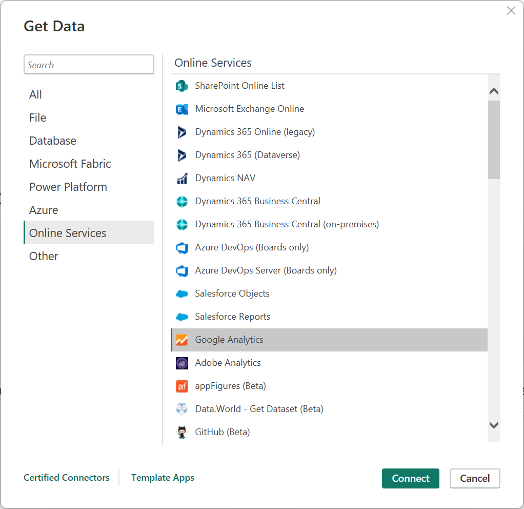 Screenshot of the Get Data desktop dialog from Google Analytics.