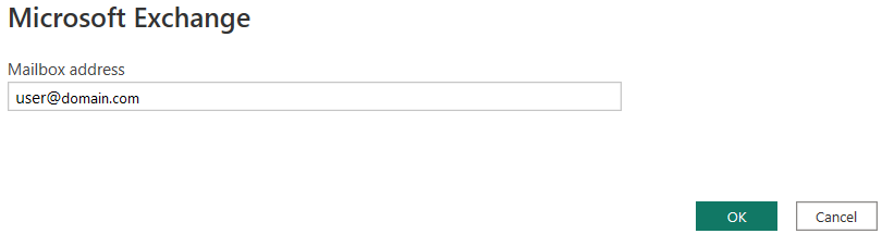Screenshot of the Microsoft Exchange dialog, showing a mailbox address added with the format user@___domain.com.