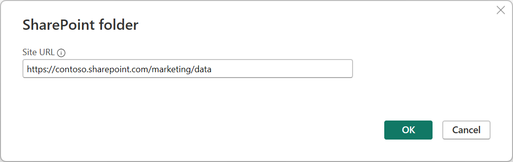 Screenshot of the SharePoint folder dialog with the URL entered in Site URL.