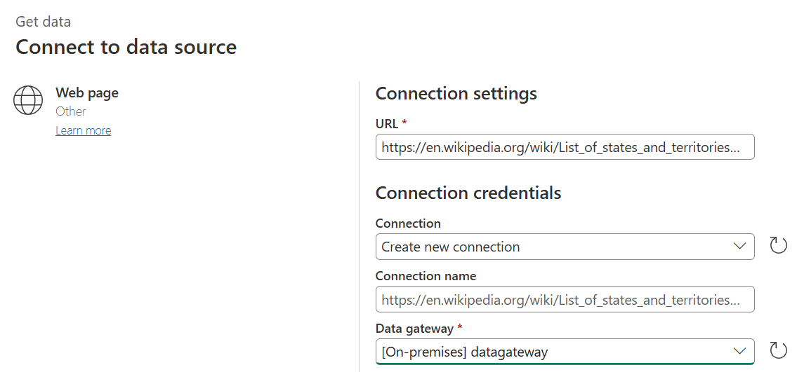 Screenshot of the upper half of the online sign-in page where you enter your on-premises data gateway.