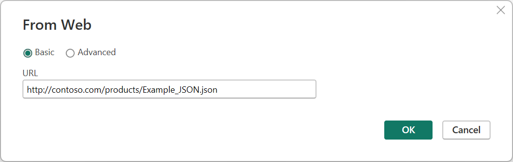 Screenshot of the Web connection dialog with a JSON file to import from the web.