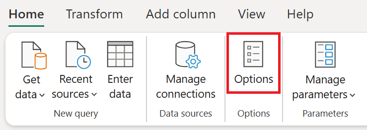 Screenshot of Options icon and selection in Power Query Home tab.