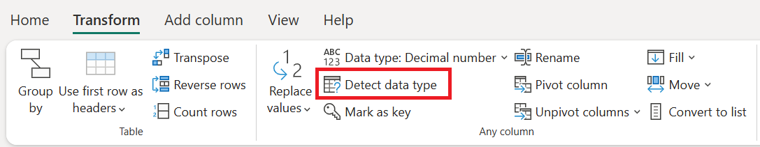 Screenshot of the detect data type command on the Transform tab.