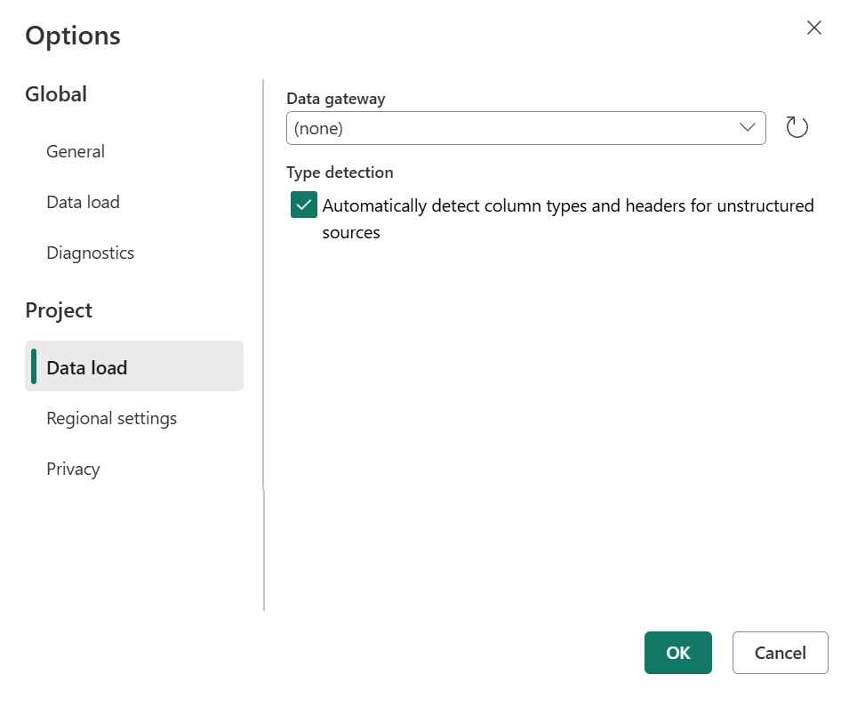 Screenshot of online option to automatically detect data types in project options.