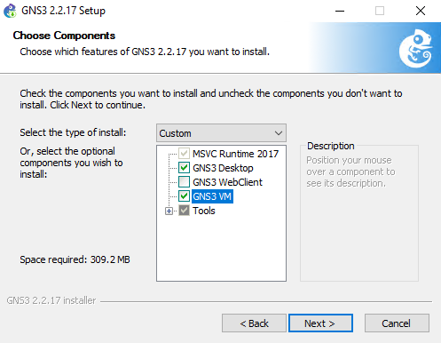 Screenshot that shows the Choose Components page in the GNS3 installation wizard, with the GNS3 VM option selected.