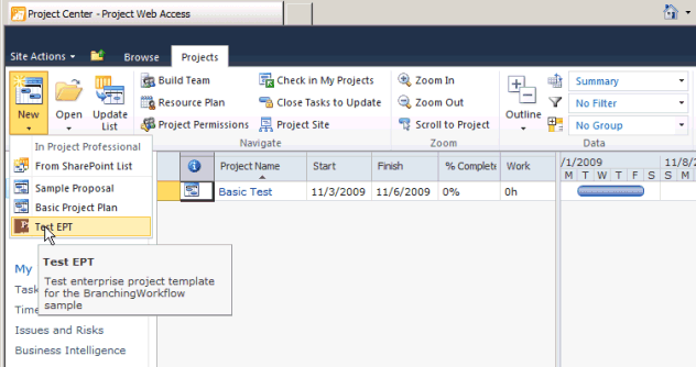 Creating a project using the Test EPT