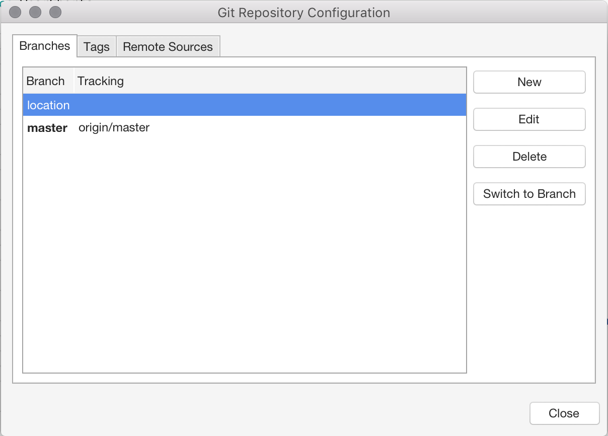 A screenshot of the Manage Branches and Remotes view, with a ___location branch selected.