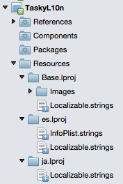 Screenshot shows the resources tree for a sample including the ___location of localizable strings.