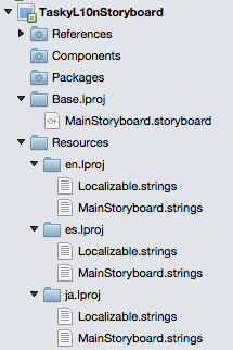 Screenshot shows the resources tree for a sample including the ___location of MainStoryboard strings.