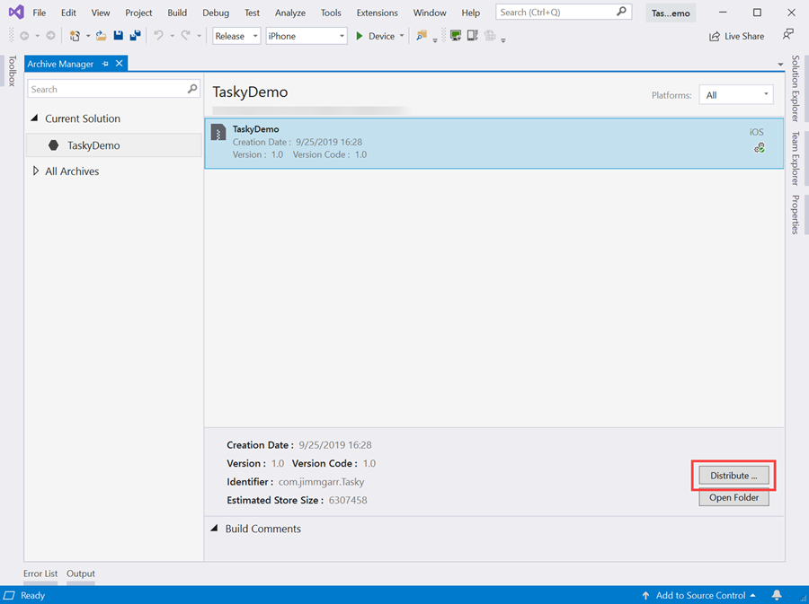 Screenshot of the distribute button ___location in the archive manager view.