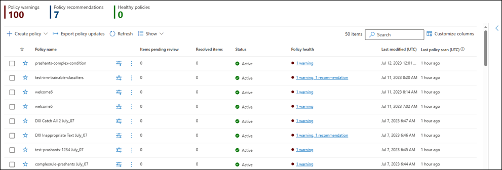 Communication Compliance Policies page showing Policy warnings, Policy ecommendations, and Healthy policies.
