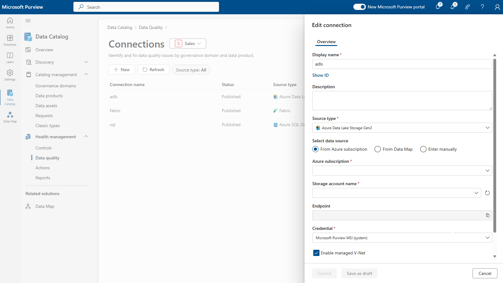 Screenshot of the data quality page, with a governance ___domain selected and the connections page open.
