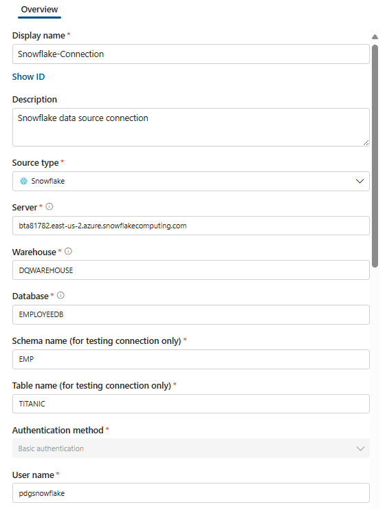 Screenshot that shows how to set up snowflake connection.