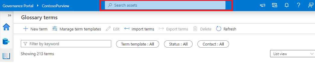Screenshot showing the ___location of the Microsoft Purview governance portal search bar.