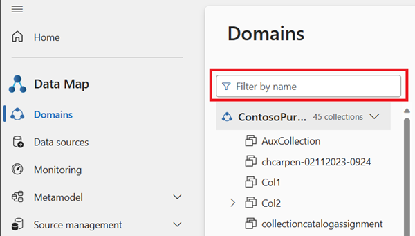 Screenshot of the domains menu with filter box above the ___domain and collection list highlighted.