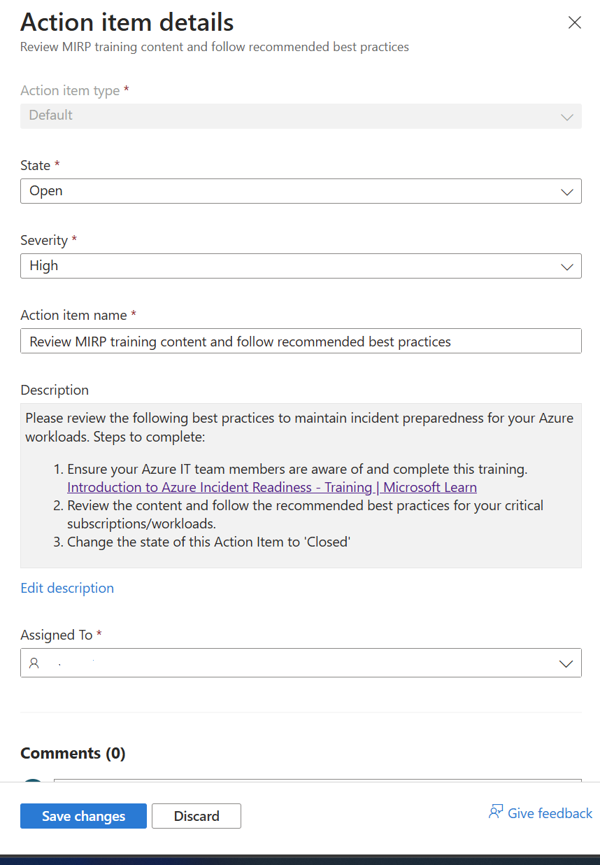 Action Item Details with dropdowns for Action Item Types, States, Severity, Action Item Name, Description, and Assigned to.