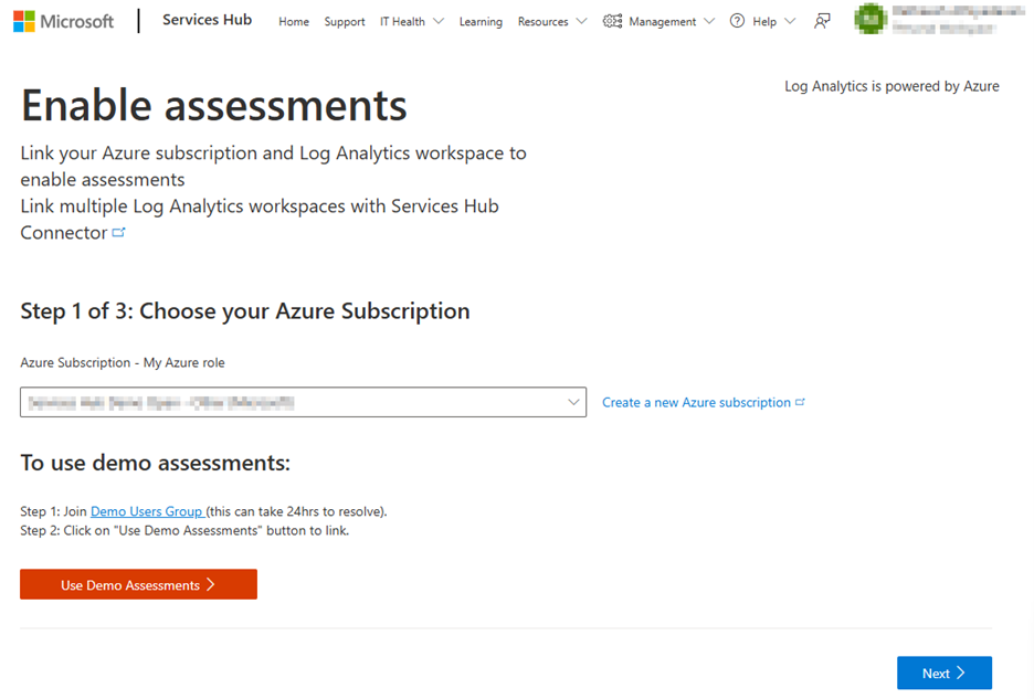 The Preconfigure Assessments page with the Choose Your Azure Subscription step highlighted.