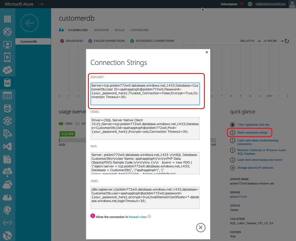 Azure SQL connection strings dialog