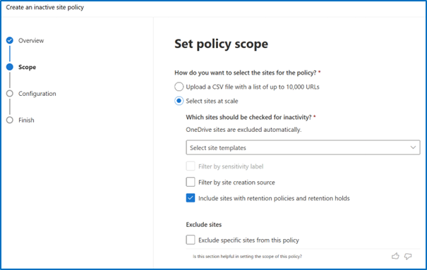 Screenshot of Scope page when selecting the option of sites at scale.