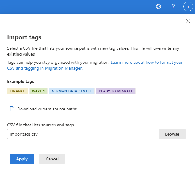 Import tags entering CSV file name.