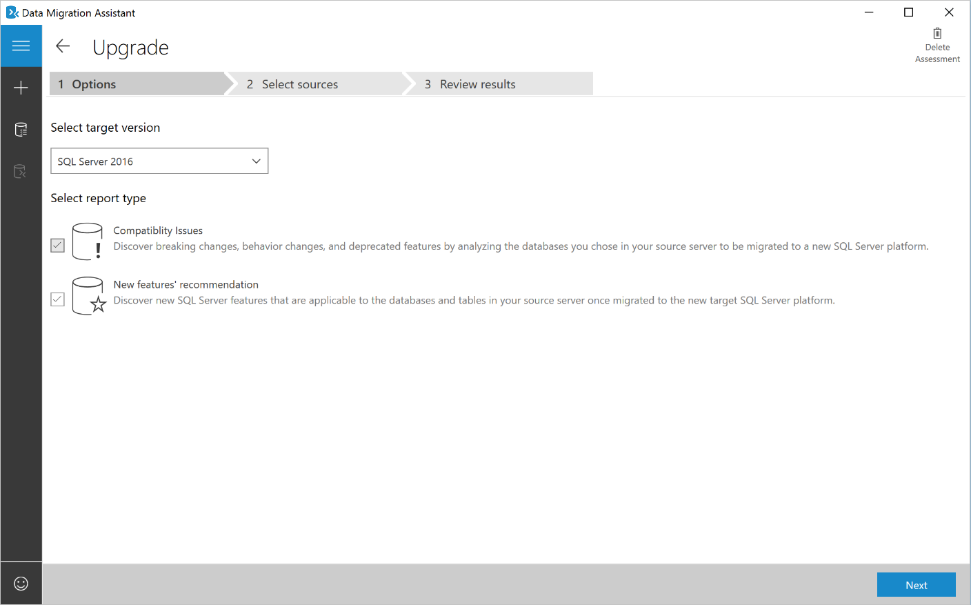 Screenshot of Select an assessment report type for SQL Server target.