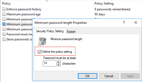 Screenshot of minimum password length security policy setting.