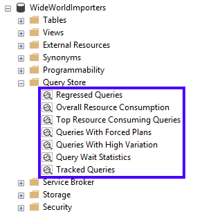 Screenshot from SSMS showing the ___location of the Query Store views.