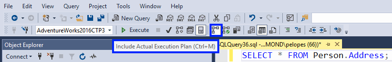 Screenshot from SQL Server Management Studio showing the Actual Execution Plan button on the toolbar.