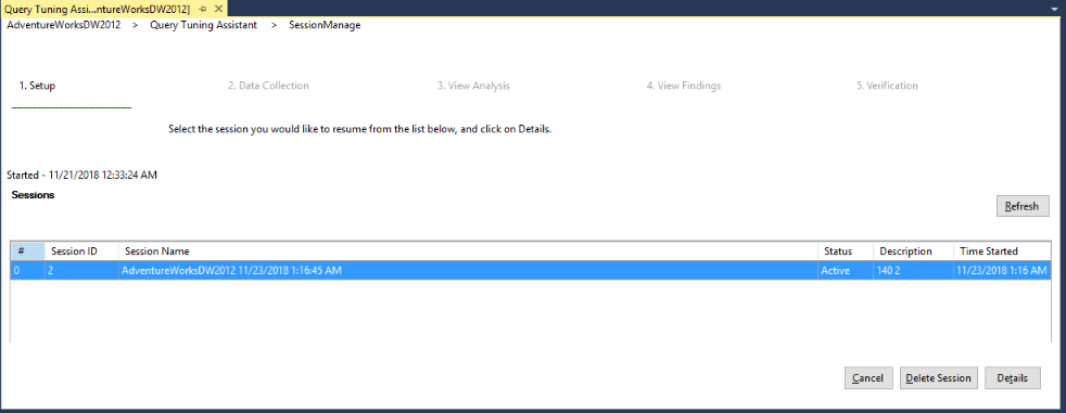 Screenshot of QTA Session Management page.