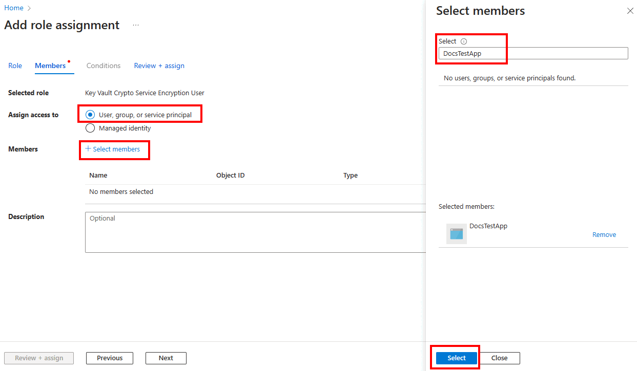Screenshot of the Select members pane for adding a role assignment in the Azure portal.