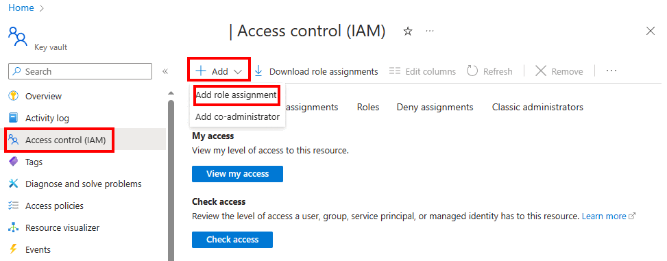 Screenshot of the Add role assignment button on the Access control (IAM) pane in the Azure portal.