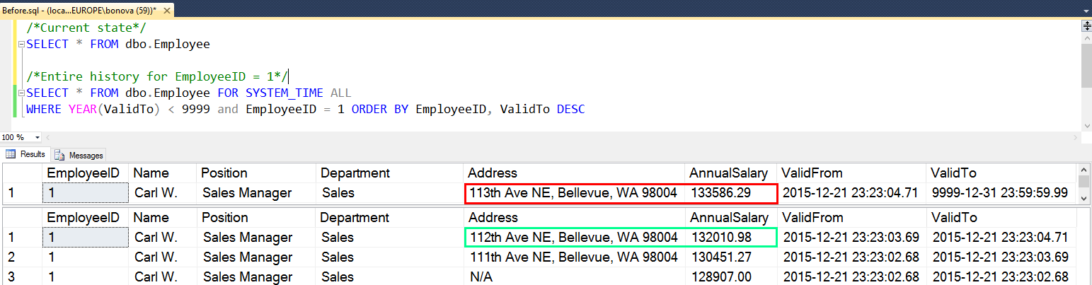 Screenshot showing the state of the row before and after the procedure invocation.