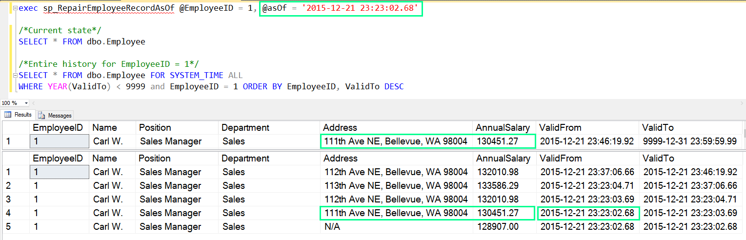 Screenshot showing the repair scenario with time condition.