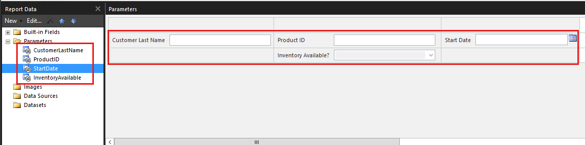 Screenshot of the Parameter list in the Report Data pane and the parameters pane for a selected parameter.