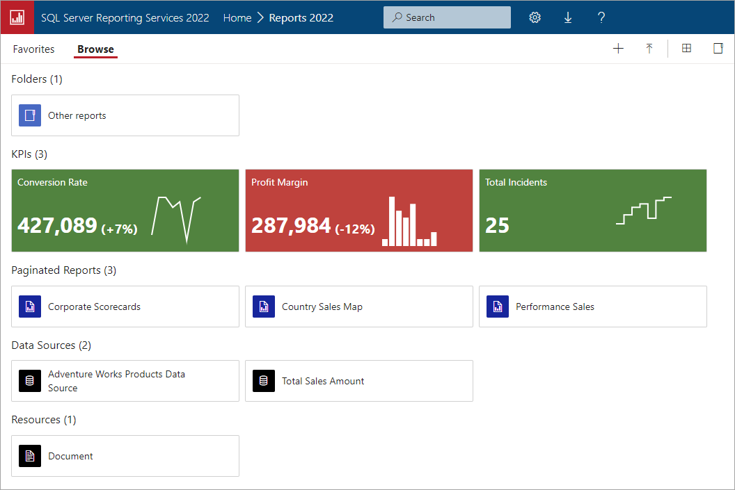 Screenshot of the SQL Server Reporting Services web portal.
