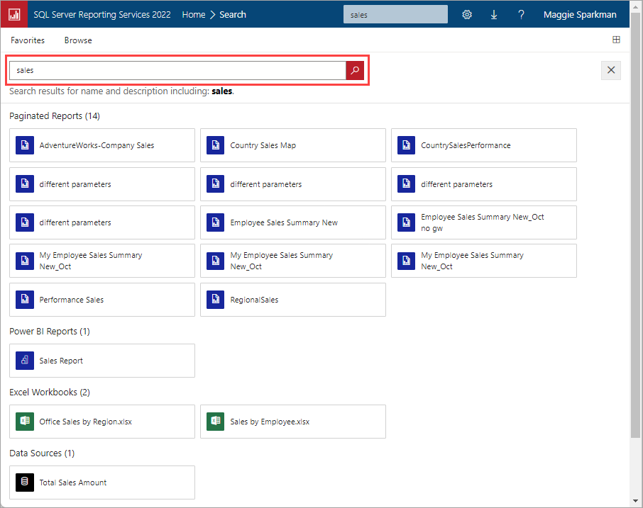 Screenshot of the SQL Server Reporting Services portal with the Search box highlighted.