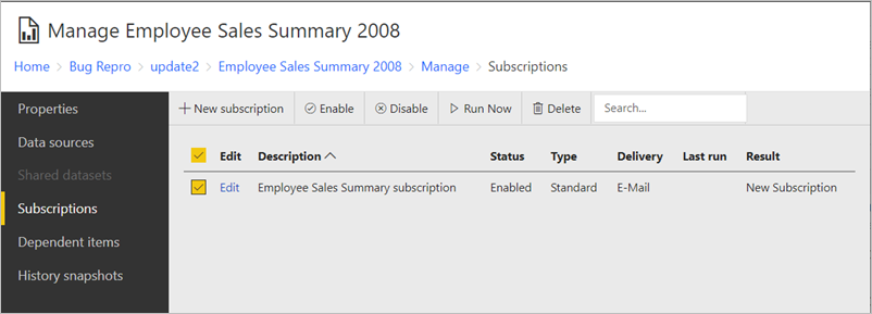 Screenshot of the Subscriptions page that shows the Employee Sales Summary subscription.