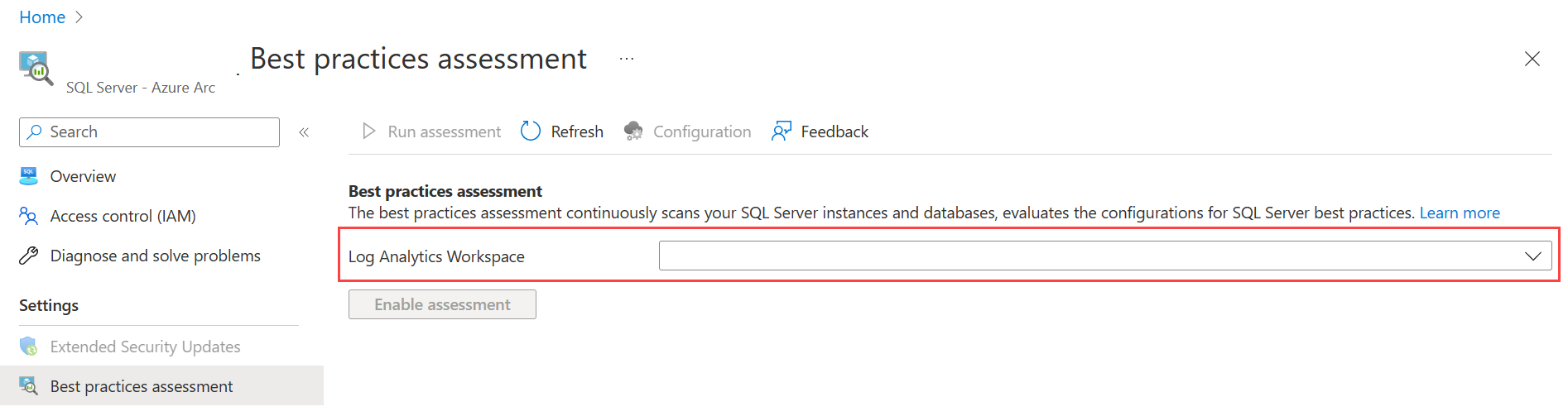Screenshot that shows the box for specifying a Log Analytics workspace for SQL Server best practices assessment.