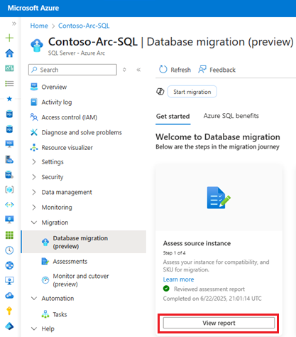 Screenshot of the database migration page for the SQL Server instance in the Azure portal, with view report highlighted.