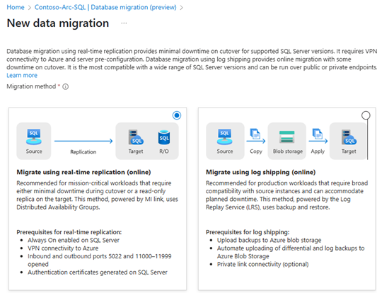 Screenshot of the migration home page, with migrate data selected.