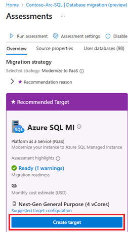 Screenshot of the Assessments page in the Azure portal, with create target highlighted.