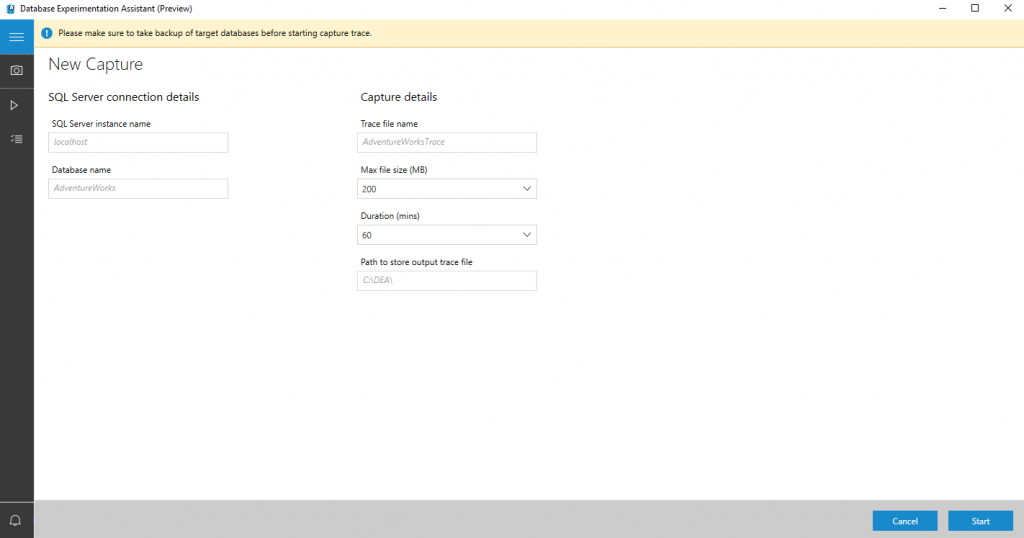 Screenshot of Provide trace capture inputs.