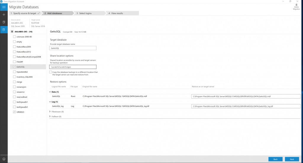 Screenshot of Select databases to migrate.