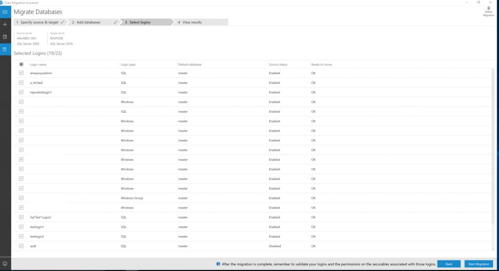 Screenshot of Migration Logins.