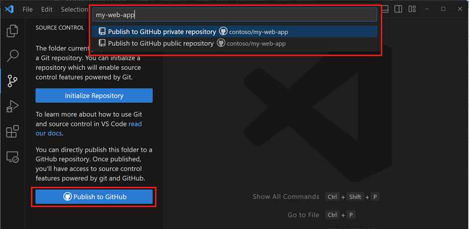 Screenshot of the Create Git Repository dialog in Visual Studio with the GitHub selection highlighted.