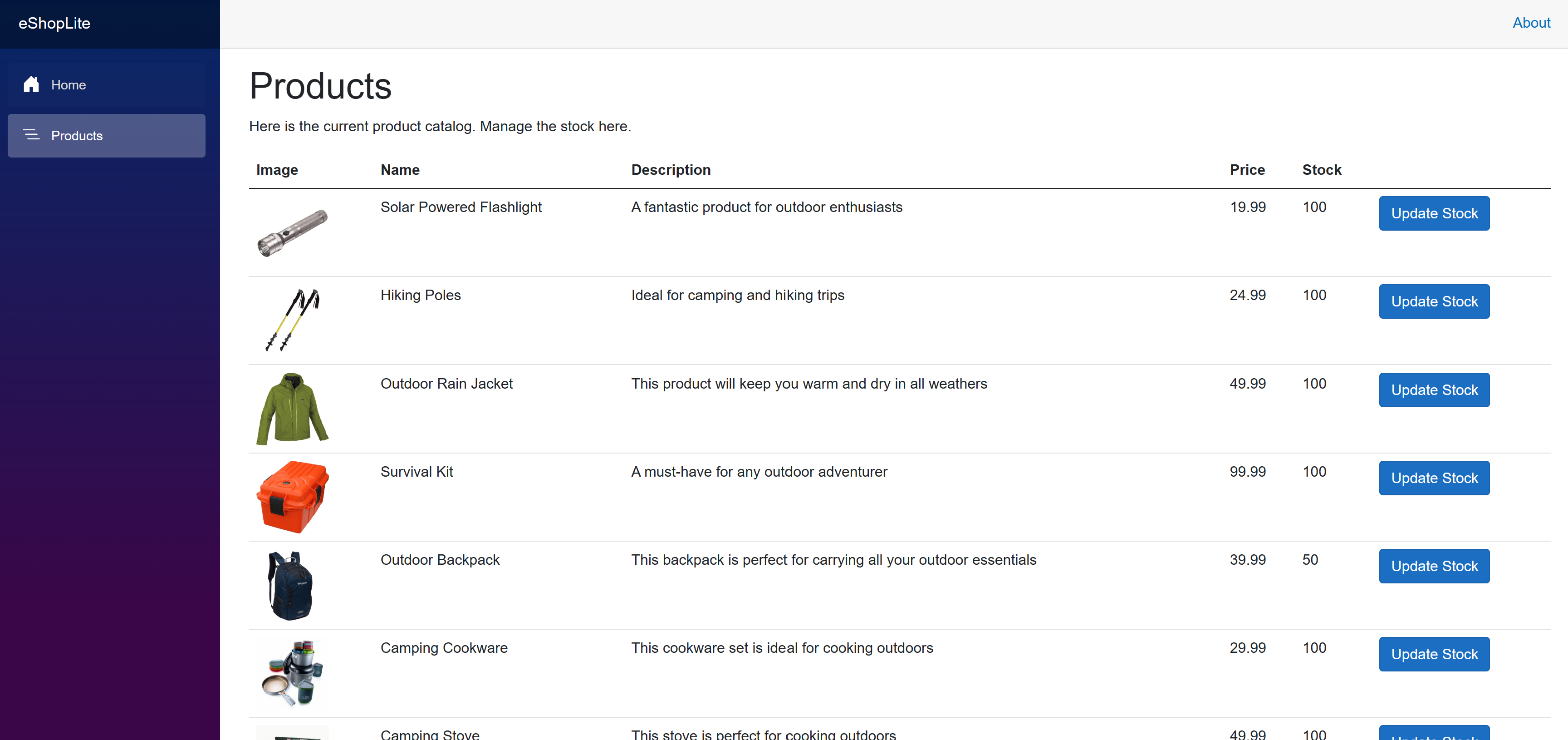 A screenshot that shows the Products page in the eShopLite app. The page shows a list of products with a name, description, and price and a button to update the stock.